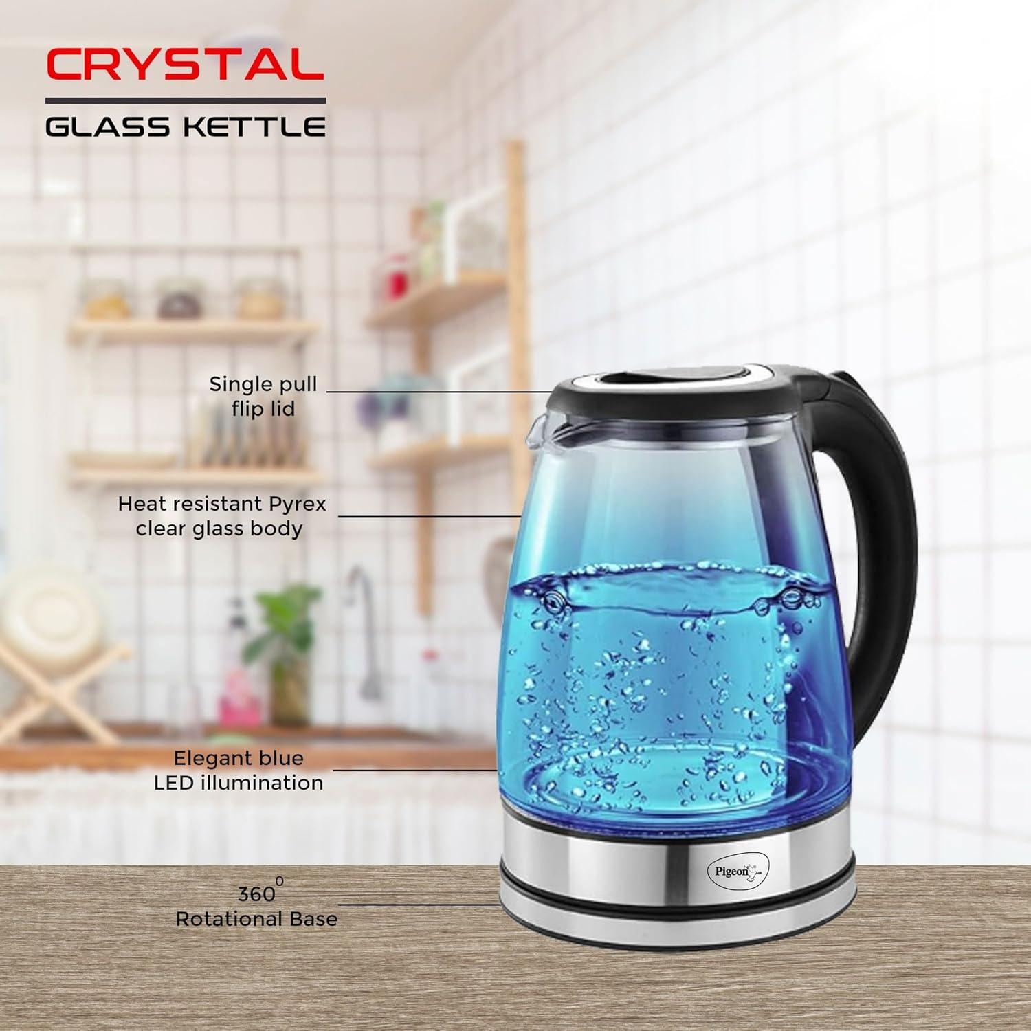 Pigeon by Stovekraft Crystal Glass Electric Kettle 1.8 litre with LED Illumination, Heat Resistant Pyrex 1500 Watt